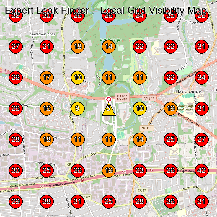 Expert Leak Finder GeoGrid visibility map for Roofing Contractor in Setauket- East Setauket